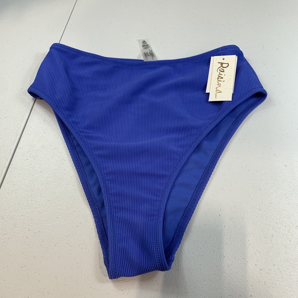Raisins Women's Swim Bikini Bottoms M Ribbed Blue Indo Pant High Waisted French
